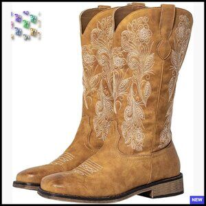 Wide Calf Cowboy Boots Square Toe Western Stretch Panel Cushioned Insole